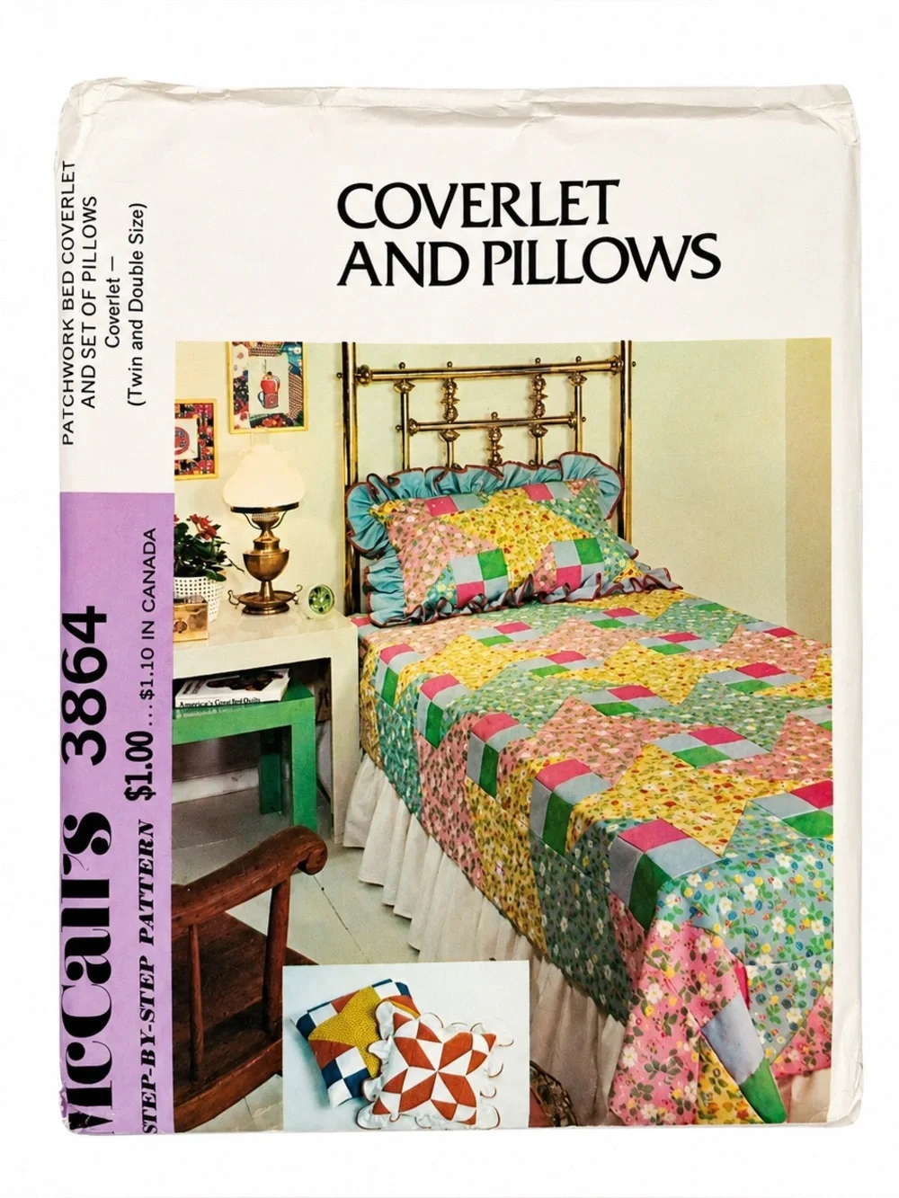 VTG McCall's 3864 Patchwork Bed Coverlet Pillow Pattern Uncut Pillows 70's Craft